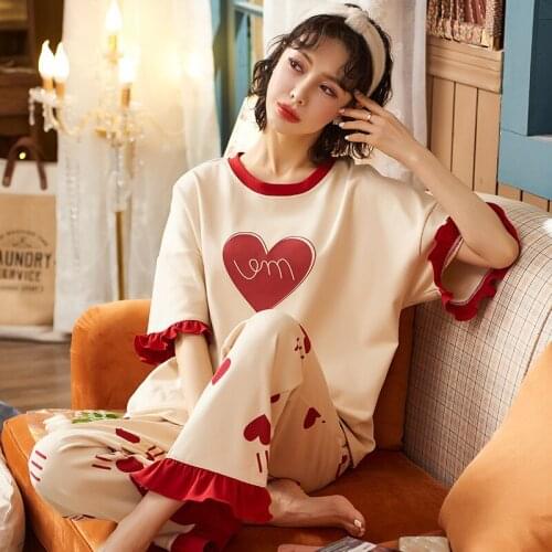Pure Cotton Casual Cartoon Women Nightgown Short Sleeve Trousers Korean Pure Fresh Girl Home Clothes Thin Soft Lady Pajamas Set