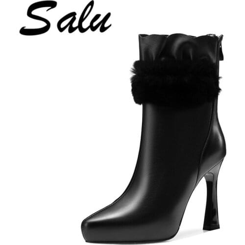 Salu Genuine Leather Boots Women Autumn Winter Western Boots Buckle Fashion Ankle Boots Ladies Shoes