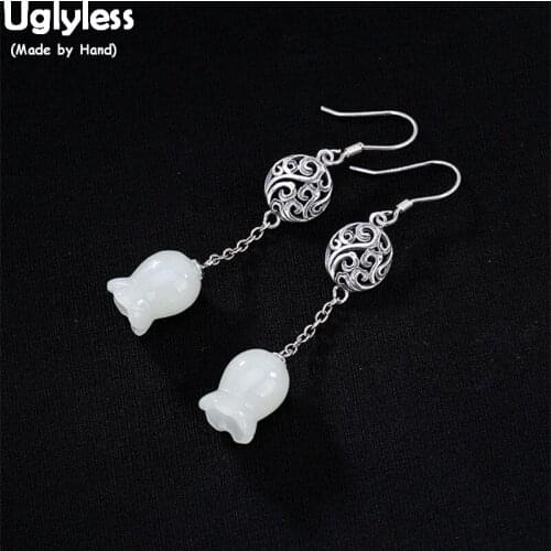 Uglyless Handmade 100% Solid 925 Thai Silver Hollow Medal Earrings Vine Pattern Gemstone Fine Jewelry White Jade Flower Earrings