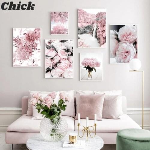 Cherry Blossoms Peony Carnation Flower Mountain Nordic Posters And Prints Wall Art Canvas Painting Wall Pictures For Living Room