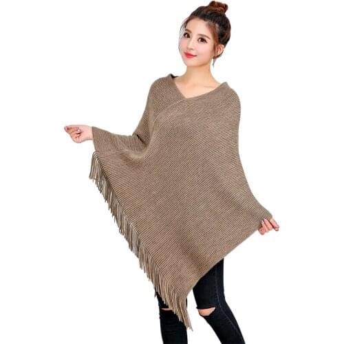 Loose Knitted Cashmere Tassel Poncho Women Khaki Red Gray Twill Cloak Korean Style Shawl Cachecol Poncho Feminino Inverno