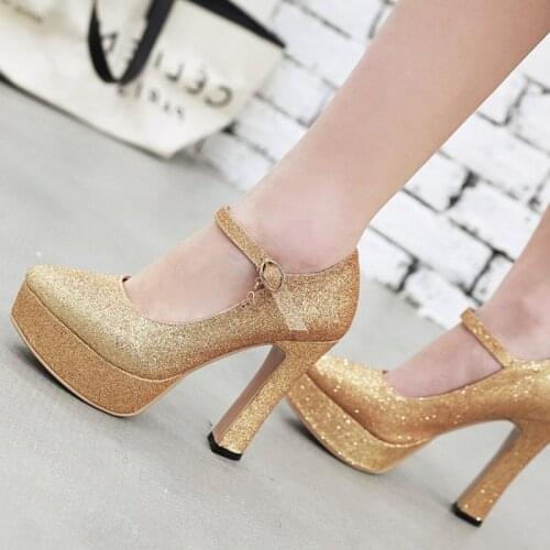 Autumn High Heels Platform Pumps Women Shoes Fashion Ankle Straps Gold Silver Heels Luxury Sequined Red Party Wedding Shoes