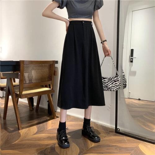 Korean Style Mid Calf Maxi Work Skirt Midi Long Harajuku Skirts For Womens Clothing Black Gothic Clothes Jupes Longues Femme