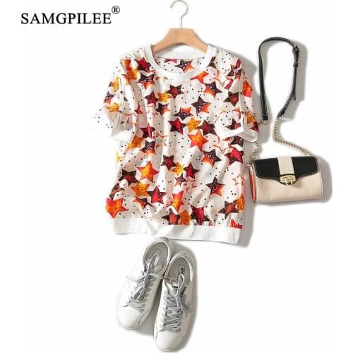 Women t-shirts 2020 Casual women clothing summer Chiffon T-shirt brand womens Short Sleeve Print Star O-neck t shirt woman 3XL