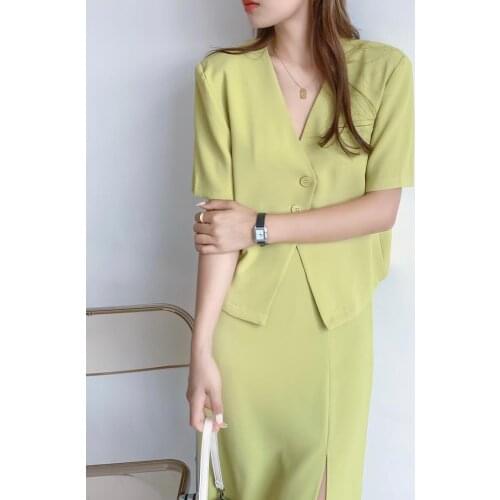 Office Ladies Skirt Suit Set Elegant White Summer Outfit 2 Piece Sets V-Neck Short Sleeve Blazer Jacket Slit High Waist Skirt