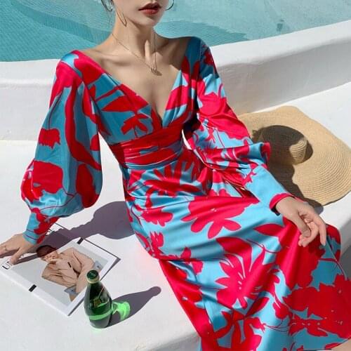 JMPRS High Waist Women Beach Long Dress Autumn Long Sleeve Fashion Print Sexy V Neck Beach Holiday Tunic Female Vestidos 2021
