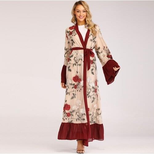 Abayas For Women New Fashion-style Muslim womens dresses kaftan laces embroidered seamlessly kimono long sleeve dress