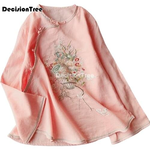 2021 original loose shirt female chiffon blouse chinese hanfu floral embroidered retro shirt cotton linen oriental women blouse