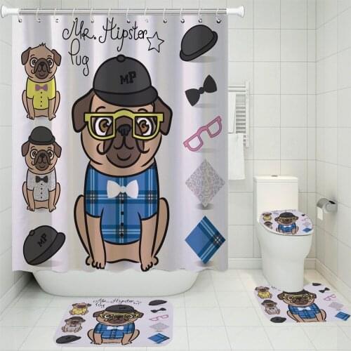 4 Pieces Pug Pet Dogs Shower Curtain Rock And Roll Bathroom Curtains Set Carpet Cover Toilet Pad 3D Print Home Bathroom Set