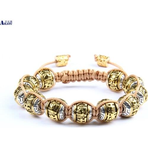 Ailatu 12mm Tibetan Gold Color Braided Bracelet Six Words Om Mani Padme Hum Mantra Jewelry 10pcs/lot