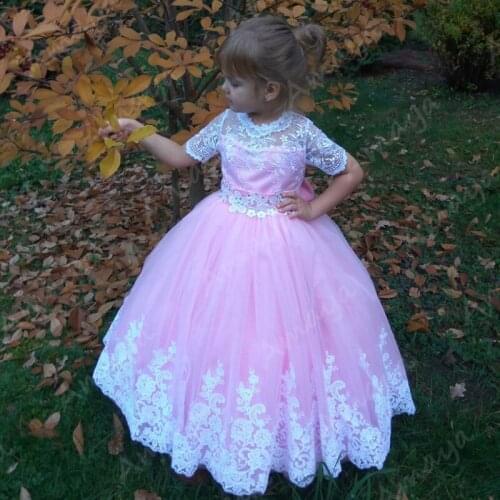 Amaya Pink Puffy Flower Girls Dresses for Wedding Short Sleeves Lace Appliques Pageant Birthday Gowns Vestido de Fiesta Niña