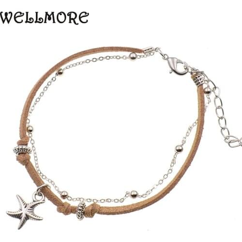 WELLMORE women anklets Starfish/tortoise/devilfish double layer Bohemian Anklet bracelets foot jewelry Party Gift drop shipping