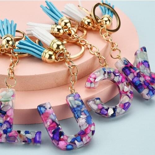 Cute Colorful Resin Letter A-Z Keychain Women Men Girl Gold Lobster Clasp Ring Double PU Tassels Key Chain Fashion Bag Pendant