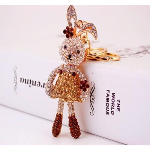 Rhinestine Crystal Rabbit Panda Keychain Women Purse Bag Car Key Charm Key Chains Buckle Cute Animal Key Trinket