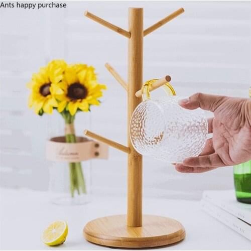 Wooden Cup Holder Transparent Glass Cup with Handle Six-piece Suit Drain Cup Holder Mug Upside Down Storage Rack Tumbler Holders