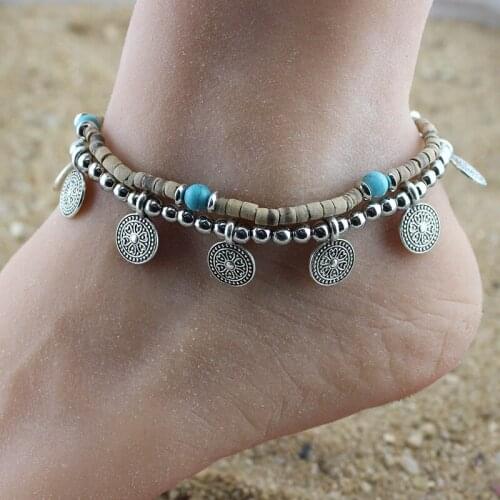 HOT Bohemian style Jewelry Womens Bracelets Coconut shell Beads Chain Silver Alloy Coin Drop Ankle