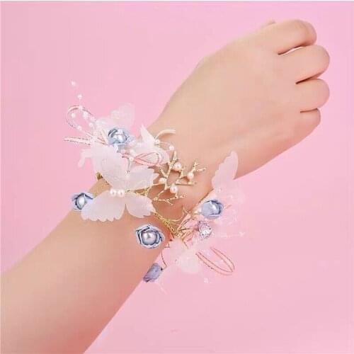 2Pc Wedding Party Supplies Wrist Butterfly Silk Yarn Flower Bridesmaid Hand Flower Children Show Wrist Jewelry Accessories