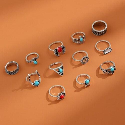 Red Animal Wings Bohemia Knuckle Rings Set Woman Vintage Sun Flower Totem Jewelry 12Pcs Fashion New Style Thumb Ring Party