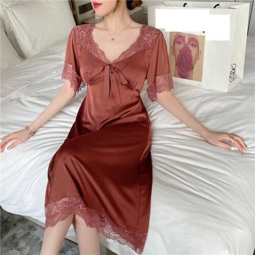 Lace Nightwear Satin Nightgown Sexy V-Neck Female Spaghetti Sling Nightdress Sleep Dress Sleepwear Summer New Nighty Homewear