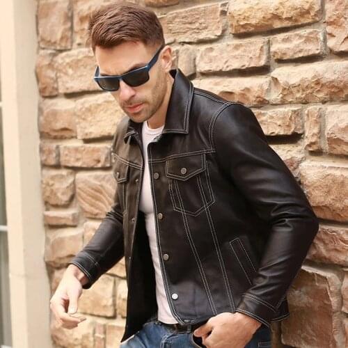 Spring Autumn Leather Jackets New Mens Single Breasted Genuine Sheepskin Short Coat Young Man Black Leather Leisure Jacket