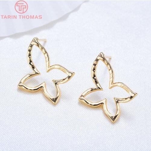6PCS Butterfly 16*15MM 24K Gold Color Brass Butterfly Stud Earrings Pins High Quality Diy Jewelry Findings Accessories