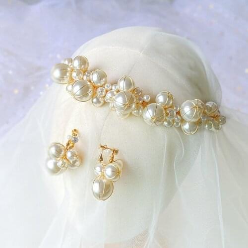 Fashion Pearls Tiara Bridal Hair Crown Gold Color Wedding Hair Piece Jewelry Handmade Women Hairband Accessories