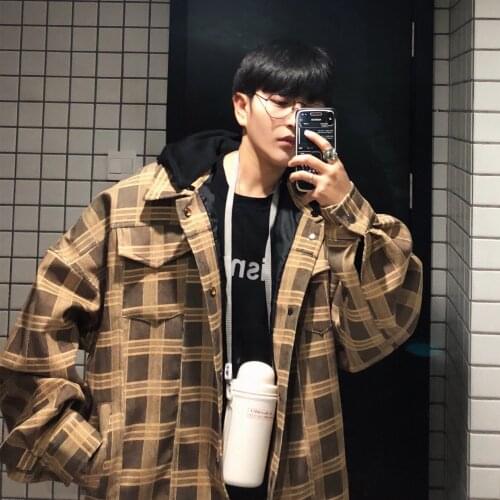 2021 Korean Style New Mens Work Clothes Streetwear Bomber Jacket Loose Lattice Printing Coat Khaki/blue Color Windbreaker M-XL