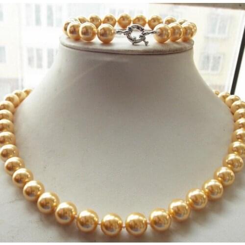 New hot FASHION 12MM GOLDEN SOUTH SEA SHELL PEARL NECKLACE BRACELET SET