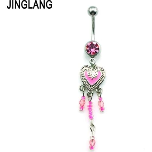 Wholesale Fashion Belly Button Rings Stainless Steel Barbell Dangle Pink Heart Chain Navel Body Piercing Jewelry