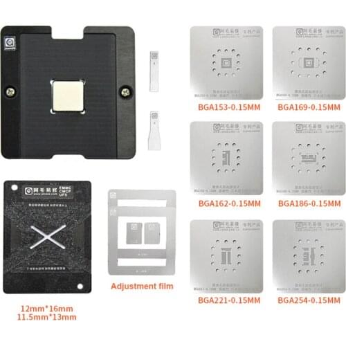 Universal EMMC EMCP UFS Reballing Jig Platform With BGA153 BGA162 BGA169 BGA186 BGA221 BGA254 BGA Reballing Stencil Kit 0.15MM