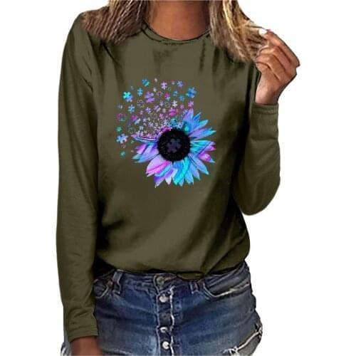 Womens Casual Printing O-Neck Long Sleeve Tops Loose T-shirt