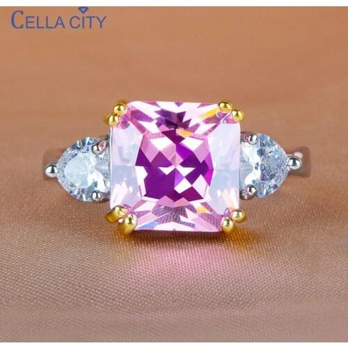 Cellacity Delicate Silver Ring for Women Charms Fine Jewelry Geometry Gemstones Pink Crystal Female Resizable 925 Rings Party