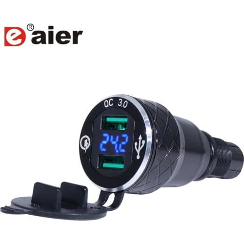 1PCS Quick Charge 3.0 Dual USB Socket Charger Black Aluminum Housing with BLUE LED Voltmeter with BMW Cig plug