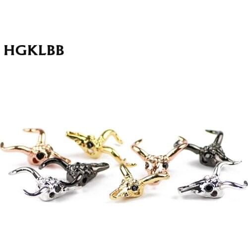 HGKLBB 4pcs Cows skull Pendant Copper Spacer beads Inlay Black zirconl Loose beads Jewelry making Charms bracelets DIY Findings