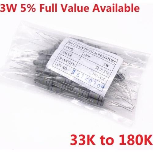 200PCS 3W Oxide Carbom Metal film Resistor 33K/36K/39K/43K/47K/51K/56K/62K/68K/75K/82K/91K/100K/120K/150K/180K/Ohm 5
