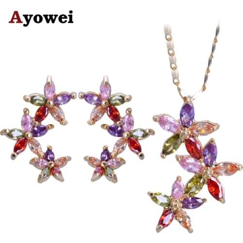 Ayowei Anniversary Special Design Yellow Gold Color Earring Necklace Jewelry Set Color Crystal JS709A