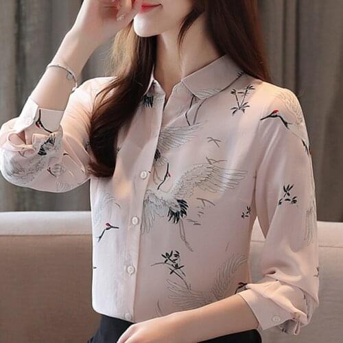Blusas Mujer De Moda 2021 Blouse Women Blouses Turn Down Collar Office Ladies Tops Long Sleeve Print Chiffon Blouse Shirt B925