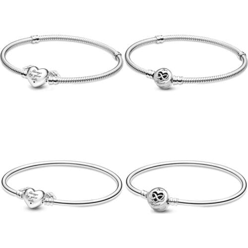 100% 925 Sterling Silver Moment Heart Infinity Winged Heart Clasp Snake Chain Bracelet Fit Fashion Bead Charm Trendy DIY Jewelry