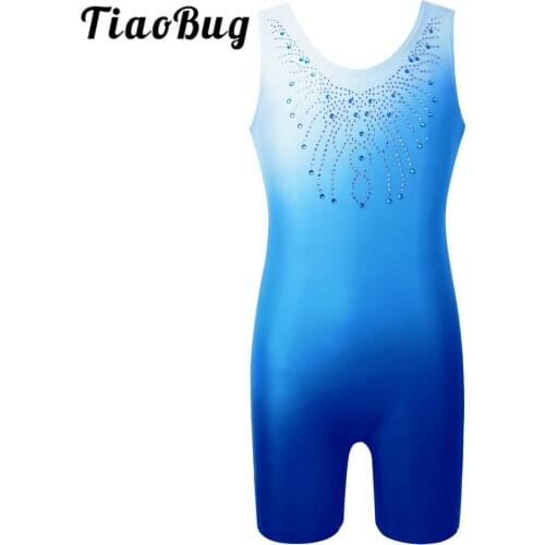 Kids Girls Shiny Rhinestones Sleeveless Gradient Color Ballet Dancewear Gymnastics Leotards Unitards for Child Stage Performance