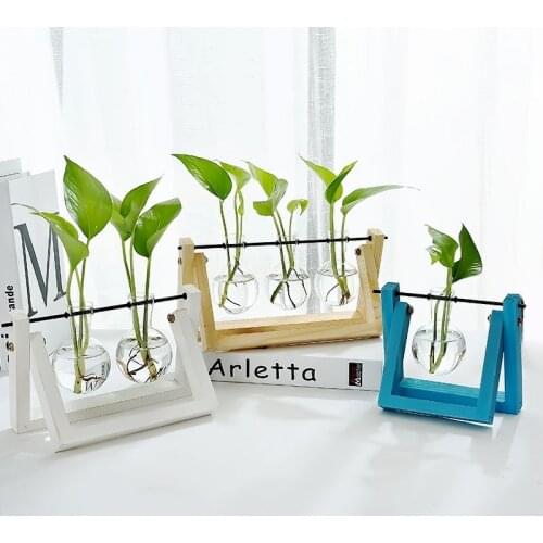 Cachepot for Flower Pot Restaurant Desktop Decorations Indoor Garden Wooden Frame Glass Vase