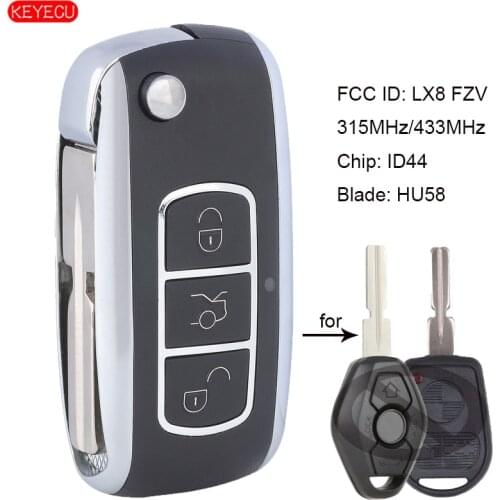 KEYECU Free Programming Upgraded Remote Car Key 3 Button Fob 315/433MHz ID44 for BMW EWS 1995-2005 FCC ID: LX8 FZV HU58 Blade