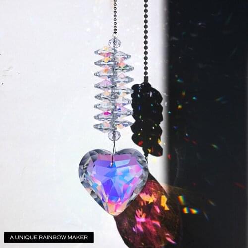 H&D 50mm Crystal Faceted Heart Prism Suncatcher Rainbow Maker Hanging Pendant Decor for Car Mirror Window Garden Door (AB Color)