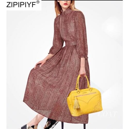 2020 Summer Vintage Dress For Women Casual Stand Collar Lantern 3/4 Sleeves A Line Slim Mid-Calf Dresses Vestidos