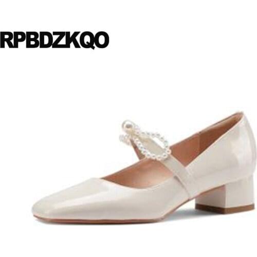 Cute Patent Leather Round Toe Pearl Japanese Belts Thick Mary Jane Strap Green Low Heels Pumps Ivory Bridal Shoes Women Genuine