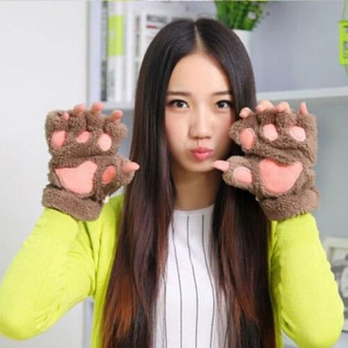 Winter Women Cute Cat Claw Paw Plush Mittens Short Fingerless Gloves Half Finger Faux Fur Wool Winter Warm Fur Paw Gloves