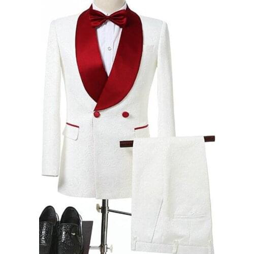 White Mens Suit With Red Lapel Prom Suits 2Pieces(Jacket+Pant+Tie) Groom Tuxedos Custom Made Wedding Slim Fit Men Suit 2019