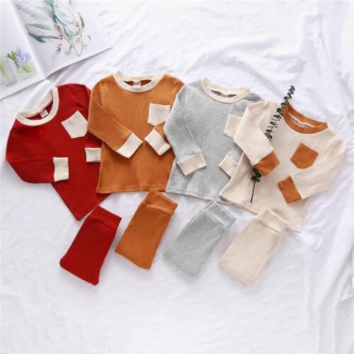 1-4Y Autumn Toddler Baby Boys Girls Suits Cotton Knitted Newborn Kids Long Sleeve Pocket T-shirts Tops+Pants Leggings Tracksuits
