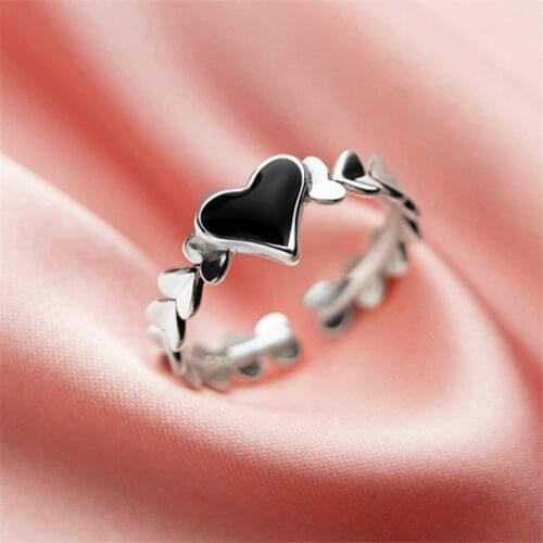 Drop Shipping High Discount Pave Heart Black Glaze Rings For Teen Girls Tibetan Silver Sweet and Lovely Cute Thin Women Jewelry