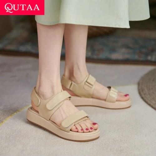 QUTAA 2021 Summer Women Open Toe Wedge Heel Casual Basic Sandals Genuine Leather Hook&Loop All Match Female Shoes Size 34-39