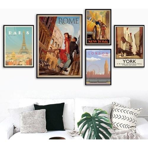 Romantic Yellow Cab Canvas Painting Rome New York Paris London Vintage Advert Tourism Posters Prints Cuadros Wall Art Picture